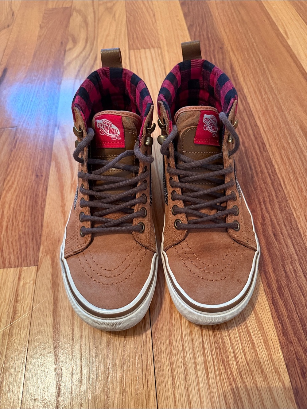 Vans Sk8-Hi Mte Brown Suede High-Top Sneakers with Red Plaid Lining